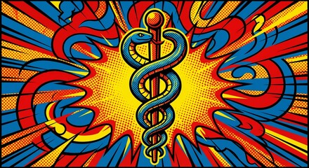 medical snake icon health icon pop comic art style vibrant background