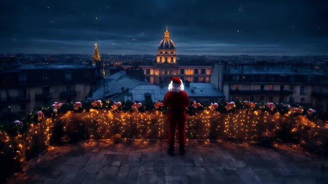 Paris, France, Europe. A Christmasthemed digital artwork featuring a person dressed as Santa Claus overlooking a cityscape during twilight. The cityscape is illuminated with festive lights.