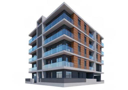 Modern multi-story building with balconies glass wood isolated on a transparent background - Powered by Adobe