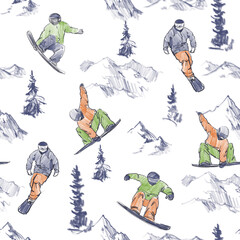 Seamless pattern, Set of hand drawn illustrations of snowboarders, winter sports