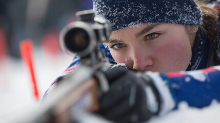Focused Biathlon Athlete Aiming in Snowy Conditions