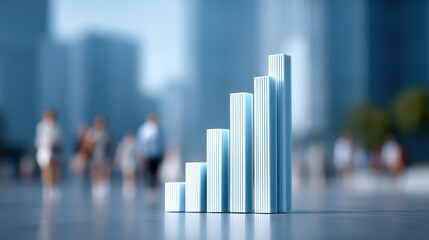 Three-dimensional graph symbolizing growth in business performance, displaying an upward trend against a blurred city backdrop with people walking in the background