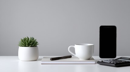 Minimalist workspace arrangement with a plant, coffee cup, notebook, smartphone, and calculator on a clean desk background for modern office aesthetics