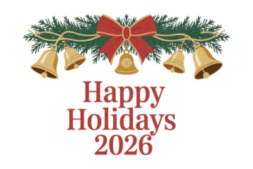 Happy Holidays 2026 with Christmas Bells and Red Bow isolated on a transparent background