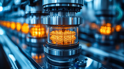 Close up view of sophisticated industrial machinery featuring illuminated components, showcasing modern technology and engineering.