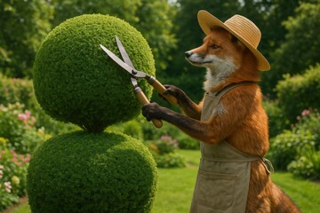 Fototapeta premium Anthropomorphic Fox Gardening with Shears in Lush Garden