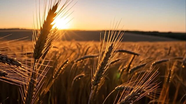 Serene golden wheat field illuminated by the warm light of a beautiful sunset, symbolizing harvest and abundance.