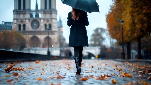 Paris, France, Europe. A woman stands under an umbrella on a rainy day in front of the NotreDame Cathedral during autumn. The scene is captured with a shallow depth of field.