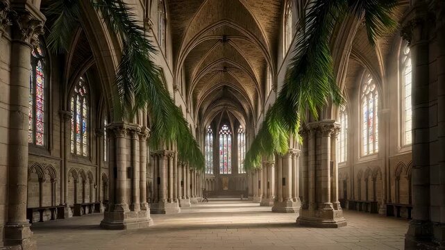 Gothic church nave decorated with palm branches for Palm Sunday