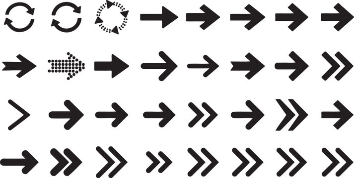 Collection of various black arrow icons and symbols including circular arrows dotted arrows and double headed arrows