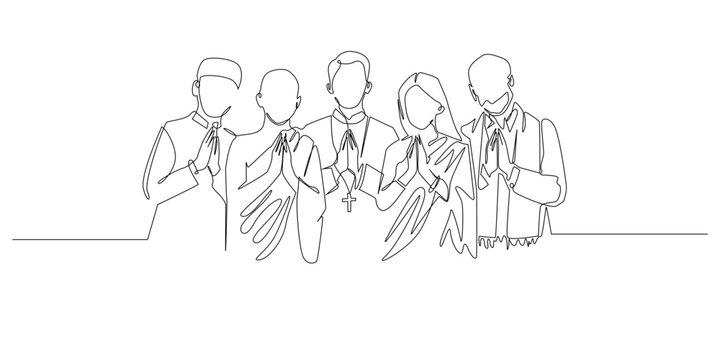 Hand drawn continuous line illustration of people from different religions standing together in unity. Single line artwork created for interfaith solidarity, peace, tolerance, and harmony concepts.
