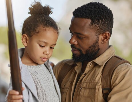African american father bonding with young daughter outdoors