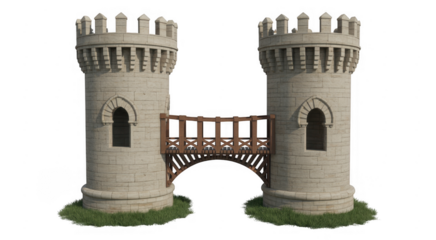 Medieval castle towers with a bridge architecture isolated on a transparent background