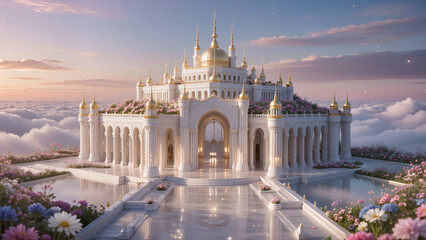Fototapeta premium Lavish Sky Palace With Gardens, Majestic White Fortress Among Clouds With Radiant Golden Spires