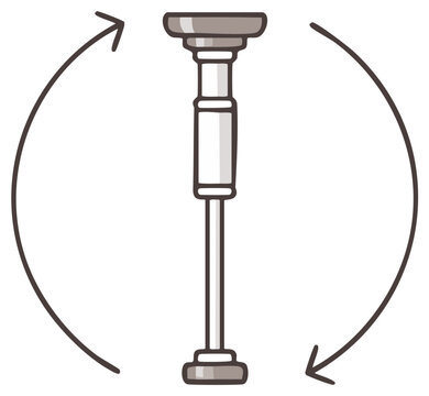 Illustration of a metal adjustable pole with arrows showing rotation, motion, and expandability, demonstrating a turning or twisting action