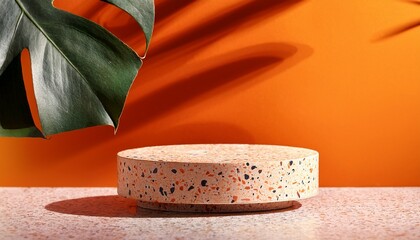 Minimalist Orange Terrazzo Podium Display With Monstera Leaf Shadow For Modern Product Presentation