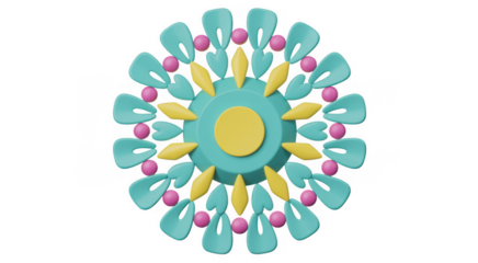 Teal and yellow abstract mandala with pink accents isolated on a transparent background
