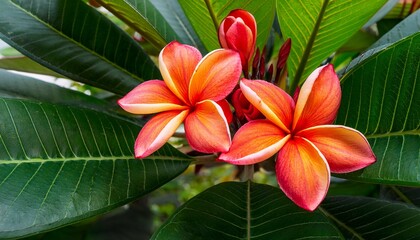 Vibrant Red And Orange Plumeria Frangipani Flowers Both Blooming And Budding Growing In A Lush Green Leafy Cluster Om Transparent