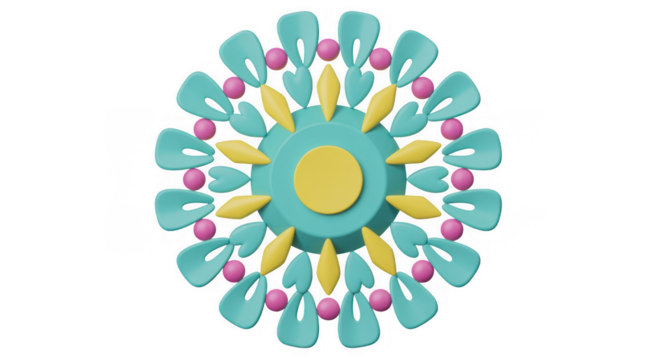 Teal and yellow abstract mandala with pink accents isolated on a transparent background - Powered by Adobe