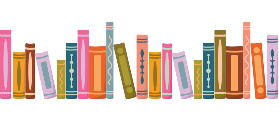 Seamless border with colorful books arranged spine‑out. Horizontal pattern with row of bright library elements - Powered by Adobe