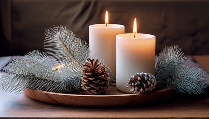 Two Lit Candles With Pine Cones And Fir Branches On Wood