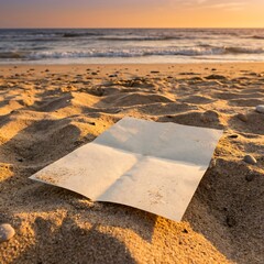 Blank folded paper on a sandy beach at sunset with ocean waves in the background.