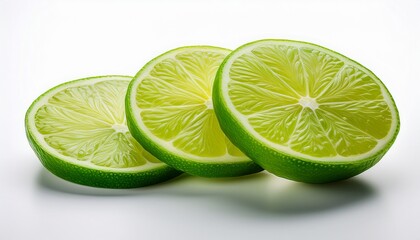 Fresh Three Lime Slices Stacked On White Background