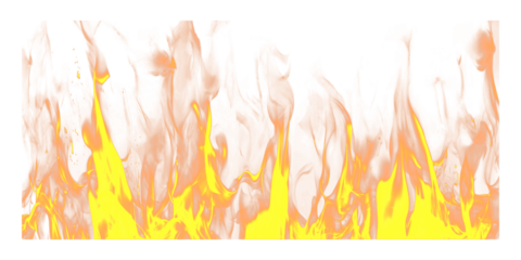 A close-up view of vibrant yellow and orange flames burning against a black background on transparent background