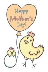 Happy Mother's Day! A cute and cheerful greeting card with little chicken and mother hen. Spring  cute illustration, elements for Decoration. Hand drawing doodles. Children's drawing style