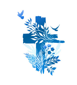 Religious cross with flowers and birds. Happy Easter. Hand drawn. Not AI, vector illustration