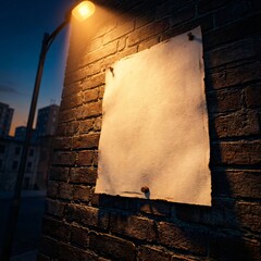 Blank paper on brick wall under street light at night.