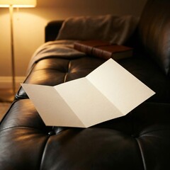 Blank Trifold Brochure on a Dark Leather Sofa in a Dimly Lit Room.