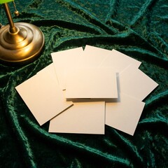 Blank White Cards Scattered on a Green Velvet Table with a Vintage Lamp.