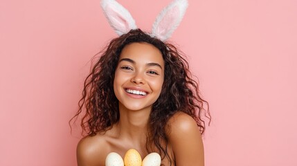 Smiling young woman with bunny ears holding pastel Easter eggs on pink background studio portrait