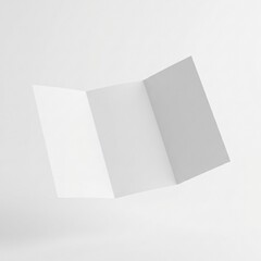 Blank white trifold brochure mockup floating in a clean minimalist studio setting perfect for showcasing design.