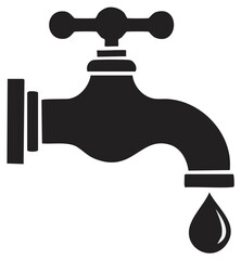 Black silhouette of a water tap with a single drip falling symbolizing conservation