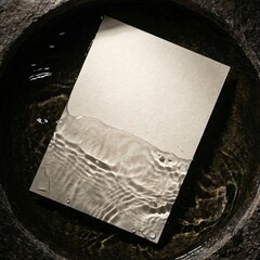 Minimalist composition of a white rectangular object partially submerged in dark water creating a serene and reflective surface.