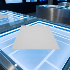 Modern illuminated display table with blank surface in a futuristic setting ready for interactive content or product presentation.