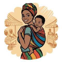 Mother Carrying Baby on Back