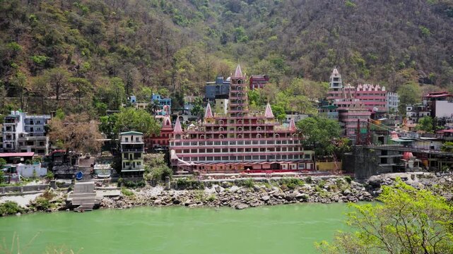 Wide shot of 13 Manzil Temple or Tera Manzil Temple, Rishikesh