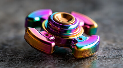 Colorful metallic fidget spinner on textured surface featuring reflective rainbow finish, stress relief focus tool, modern anxiety management toy, concentration enhancement device,