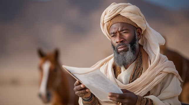 The Ethiopian eunuch reading the Isaiah scroll in his ornate chariot as desert wind lifts the parchment edges, golden jewelry gleaming under sunlight.