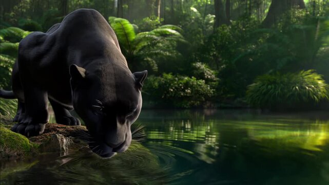 Black panther drinking water in lush jungle with gentle ripples on pond surface