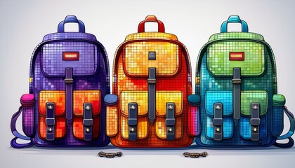 pixelated colorful backpacks displaying contents against white background