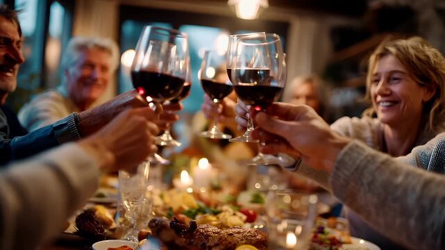 Chinese lunar new year holiday celebration. Spring festival tradition. Chunjie. Asia. Blunt, detailed, closeup shot of a group of people clinking wine glasses at a festive dining table.