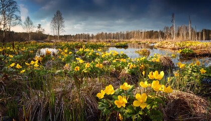 Fototapeta premium Beautiful Yellow Marsh Marigold Flowers Blooming In Wetlands Natural Spring Scenery In Latvia Europe