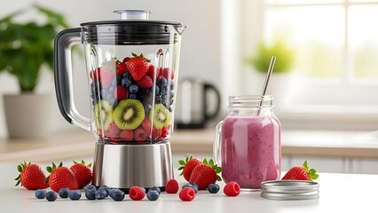 Preparing a delicious berry smoothie with fresh fruits and a blender in a modern kitchen setting