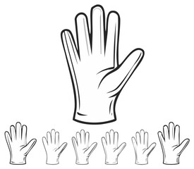 Fototapeta premium Set of line art vector icons showing a hand wearing a protective disposable glove
