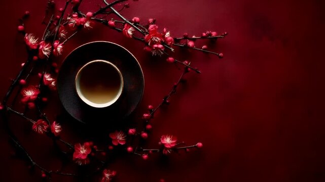 Chinese lunar new year holiday celebration. Spring festival tradition. Chunjie. Asia. A still life composition featuring a cup of tea on a saucer, set against a rich red backdrop.