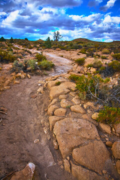 Historic Wagon Trail Through Rugged Desert Landscape With Dramatic Sky